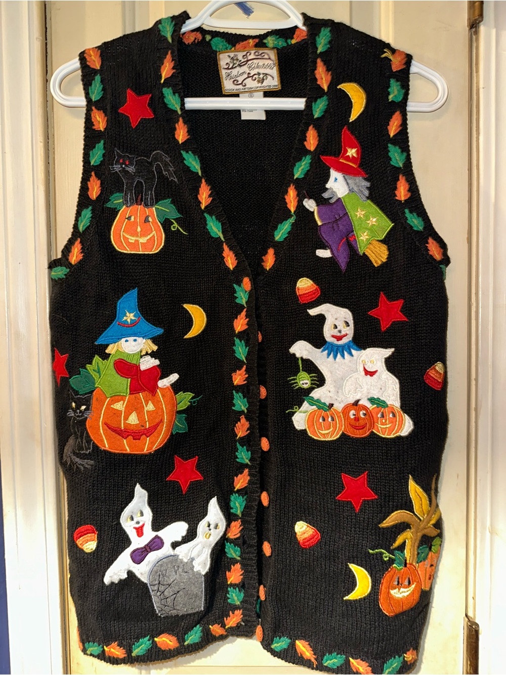Vintage Halloween Vest - Black with Colorful Appliqués and orange buttons!!
